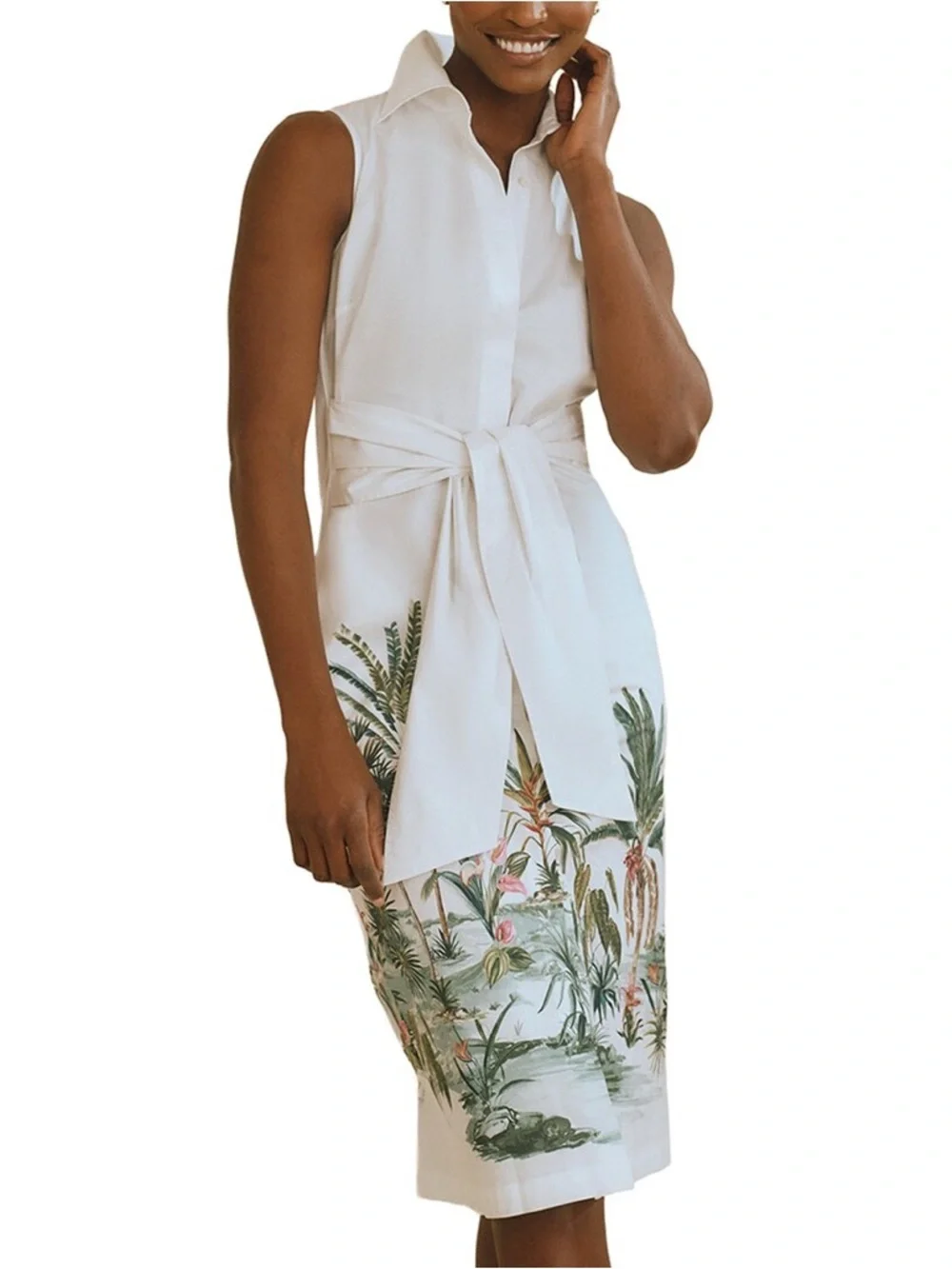 J. McLaughlin White Sleeveless Shirt Midi Dress with Tropical Print - Picture 1 of 9